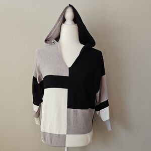 Elegant V-Neck Multi Color Block Hooded Sweater